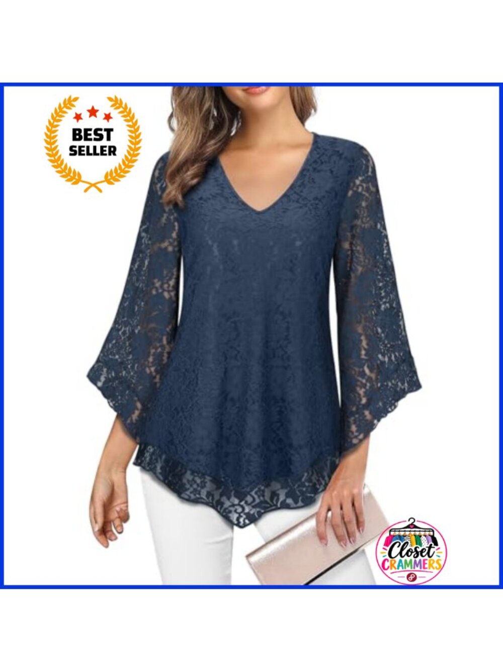 Womens Dressy Mesh Blouse V Neck 3/4 Flared Sleeve Tunic Top
